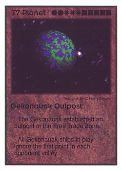 Need: 0    Want: 9    Have: 4    Will Trade: 0    In Storage: 0              T7 ‑ Planet ‑ Gekonauak Outpost  Set: GI  Rarity: V2    Artist: C. Henry Schulte    