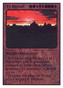 Need: 5    Want: 6    Have: 2    Will Trade: 0    In Storage: 0              T7 ‑ Planet ‑ Krebiz Homeland  Set: Per  Rarity: V1    Artist: C. Henry Schulte    
