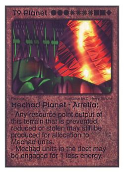 Need: 3    Want: 8    Have: 2    Will Trade: 0    In Storage: 0              T9 ‑ Planet ‑ Mechad Planet ‑ Arretia  Set: Per  Rarity: V1    Artist: C. Henry Schulte    