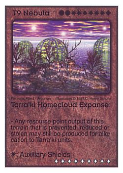 Need: 1    Want: 8    Have: 4    Will Trade: 0    In Storage: 0              T9 ‑ Nebula ‑ Tarra'ki Homecloud Expanse  Set: AF  Rarity: R1    Artist: C. Henry Schulte    